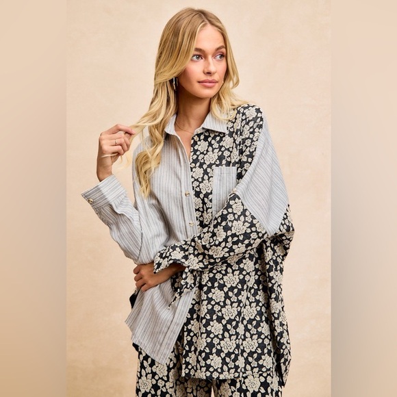 BiBi Stripes Jacquard Floral Mix And Match Shirt Top